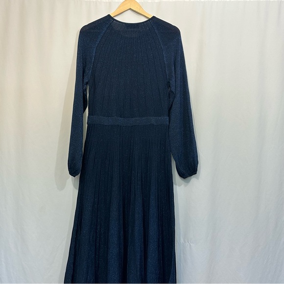 THE FOLD London Lumia Knitted Long Sleeve Pleated Midi Dress in Metallic Blue - Picture 9 of 16